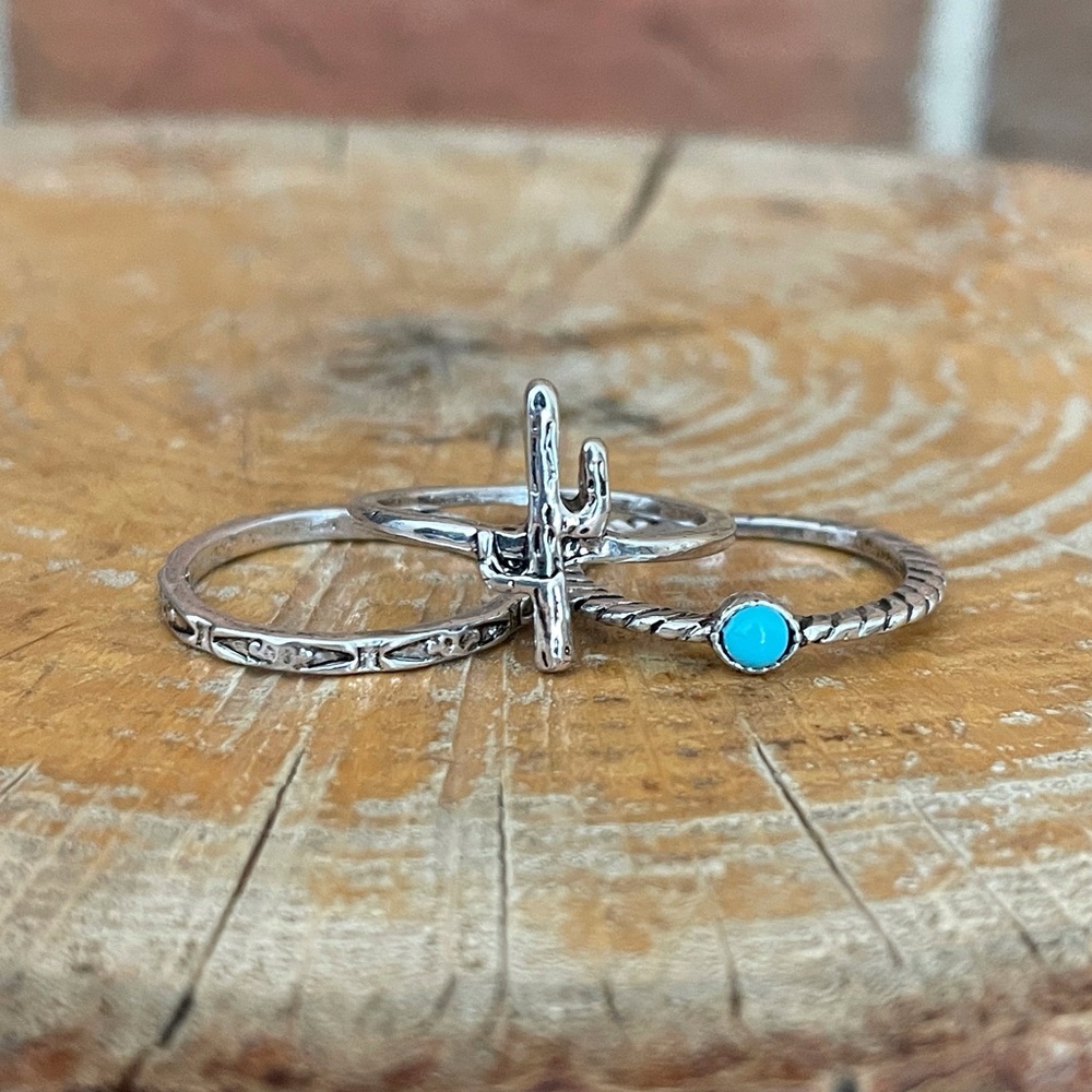 Saguaro Cactus and Turquoise Stacking Ring Set - Picture 2 of 3